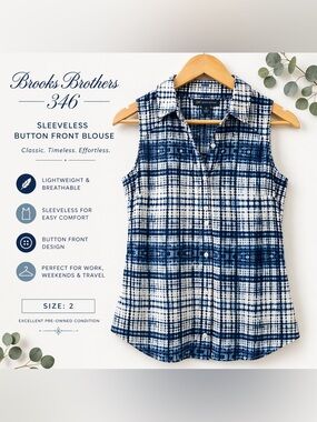 Brooks Brothers 346 Sleeveless Blouse Size 2 Blue Tie Dye Button Front Top